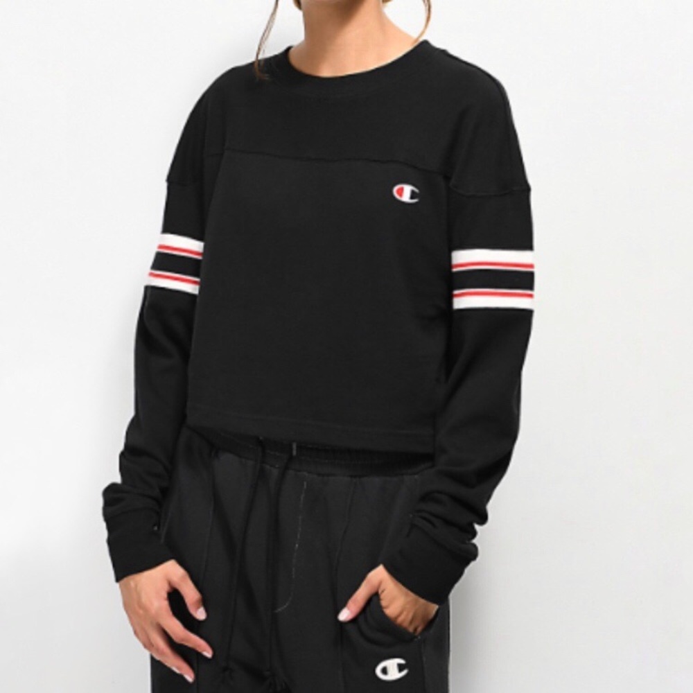CHAMPION STRIPE BLACK CROP LONG SLEEVE T-SHIRT
